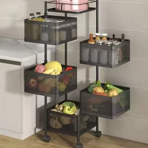 Rotating Storage Shelf 5 Tier, Metal Fruit Vegetable Storage Trolley On Wheels for Kitchen Bathroom