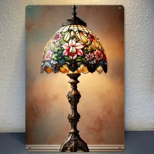 Floral Glass Table Lamp Metal Sign Warm Beige Brown Tones Home Decor